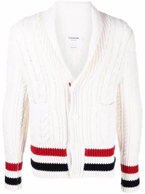 Thom Browne aran cable cashmere RWB stripe cardigan