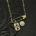 Chrome Hearts Gold Tag Full Diamond Smiley Face Diamond-Inlaid Pin Necklace