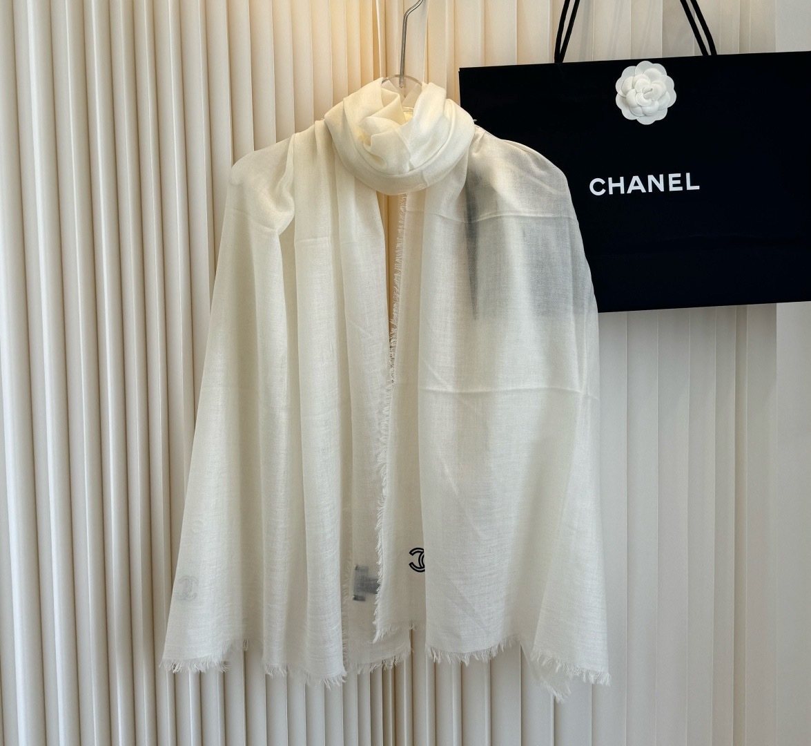 Chanel Ivory Fringed Cashmere Scarf