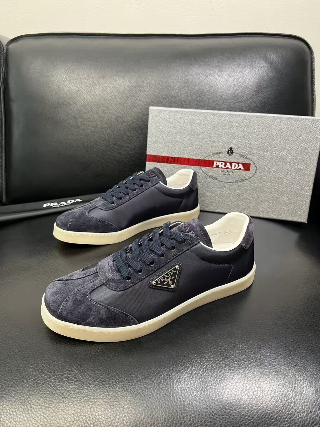 Prada Triangle Logo Low-Top Sneakers - Smooth Leather Upper